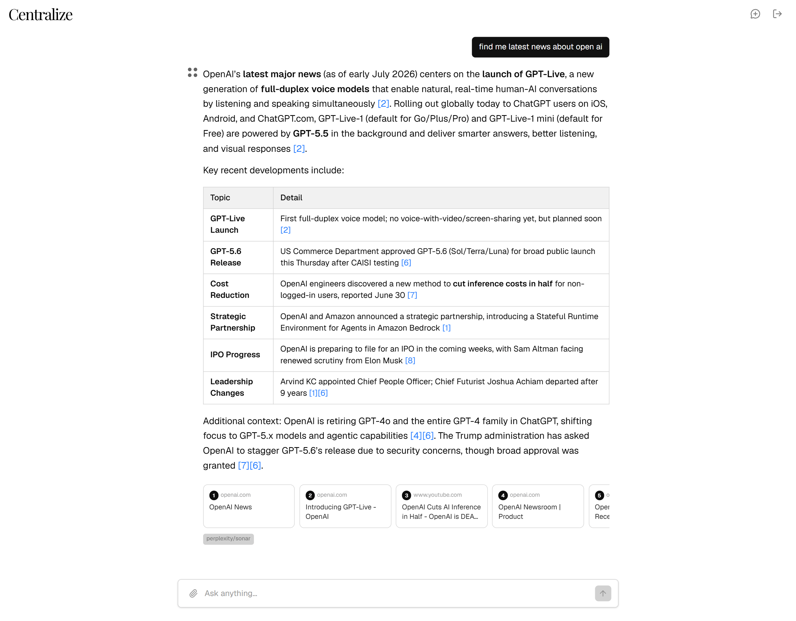 Centralize chat interface showing multi-model responses